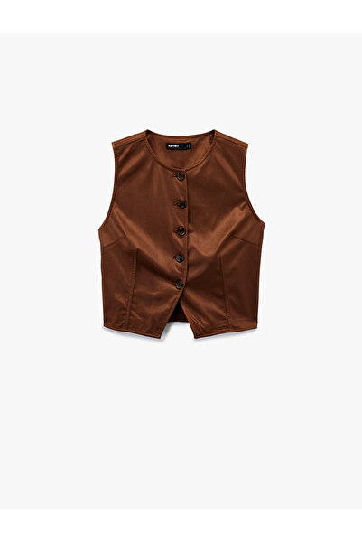 Koton Buttoned Crew Neck Faux Suede Vest