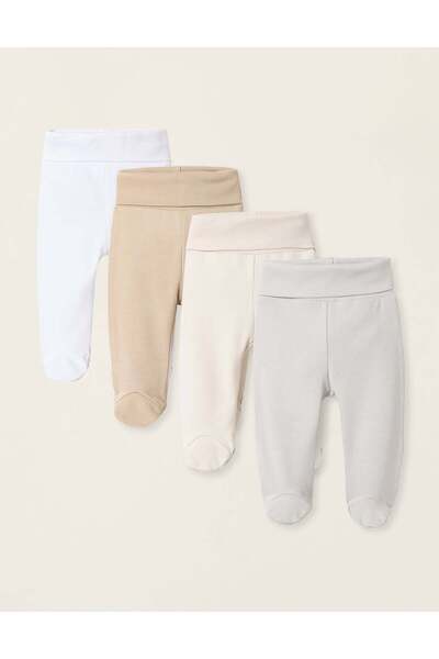 Ziddy Pack of 4 Cotton Footed Trousers for Baby Boys, Multicolour