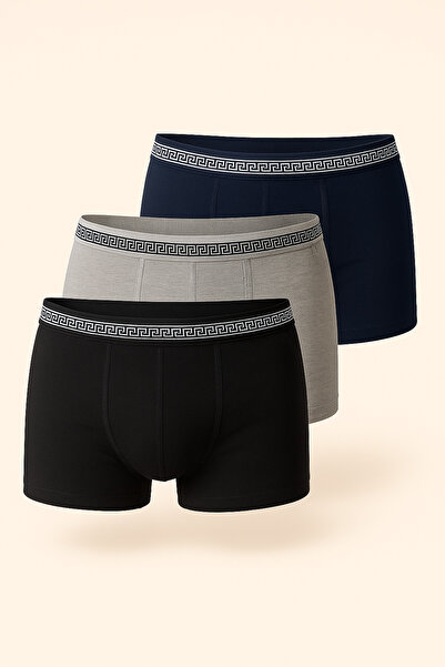 Katia&Bony Men's 3-Piece Patterned Elastic Waist Boxer Set Black / Navy Blue / Gray
