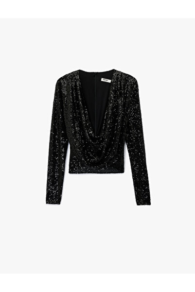 Koton Long Sleeve Degaje Collar Sequin Sequined Crop Blouse