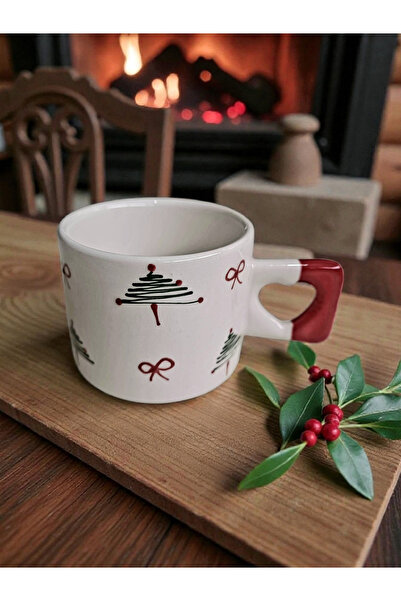 Simge Seramik Handcrafted Christmas Tree and Ribbon Embroidered Natural Ceram...