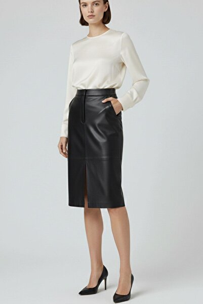 Deriderim Black Lina Slit Detailed Midi Genuine Leather Women's Skirt