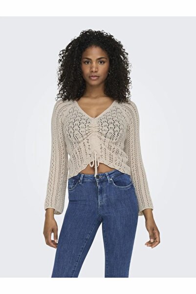 ONLY Women's White Onlnola Life Ls Ruching Pullover Knit Sweater & Cardigan 15273610-Pumicesto