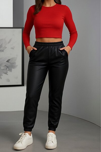 A&WİSE Women's Elastic Leg Leather Leggings with Pocket Detail