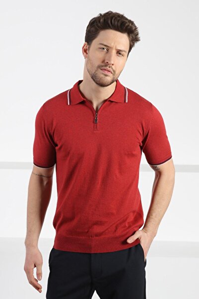 Ferraro Cinnamon Polo Neck Zippered Men's Cotton Knitwear T-Shirt