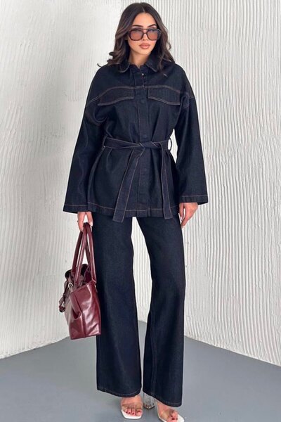 VAGGON Tied Shirt and Palazzo Pants Denim Suit with 5 Pockets