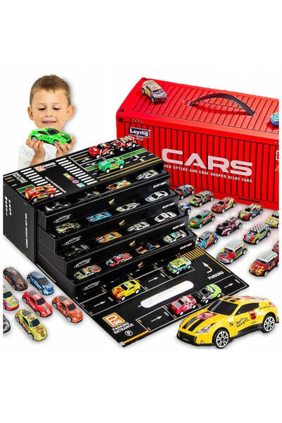 Tenzo Set of 48 Metal Pull-Back Cars – Storage Case & Play Road Mat