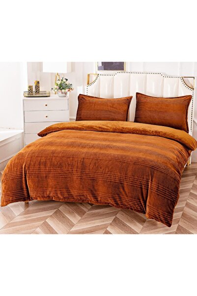 trendyhome Lenjerie de pat dublu, material pufos Cocolino, 4 piese, culoare solidă, maro, PT 23709