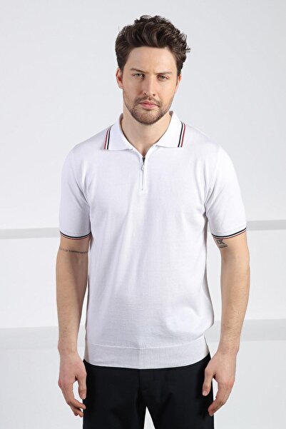 Ferraro White Polo Neck Zippered Men's Cotton Knitwear T-Shirt