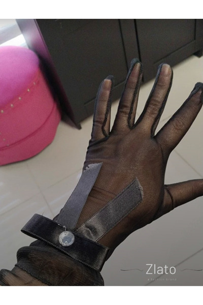 Zlato قفازات زفاف أنيقة وراقية من التول مع تفاصيل فيونكة سوداء