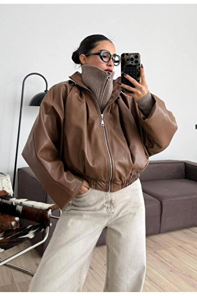 TRİNİTY Oversized Zippered Brown Faux Leather Jacket