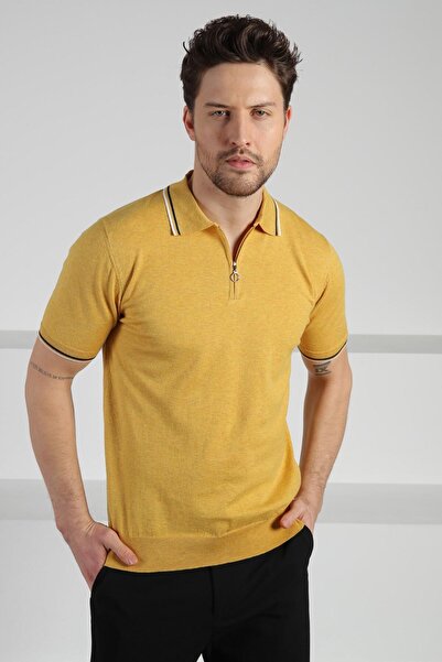 Ferraro Yellow Polo Neck Zippered Men's Cotton Knitwear T-Shirt