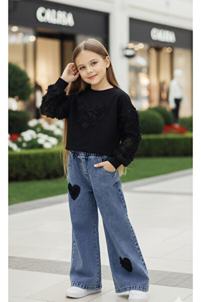 Calisa Girl's Tulle Sleeve Rose Detail Sweatshirt – Heart Denim Pants 2-Piece Combination | New Season Holiday - Calisa