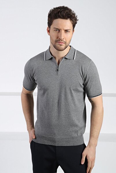 Ferraro Gray Polo Neck Zippered Men's Cotton Knit T-Shirt