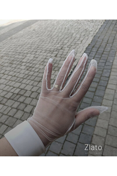 Zlato White cuff detailed bridal tulle chic and elegant gloves