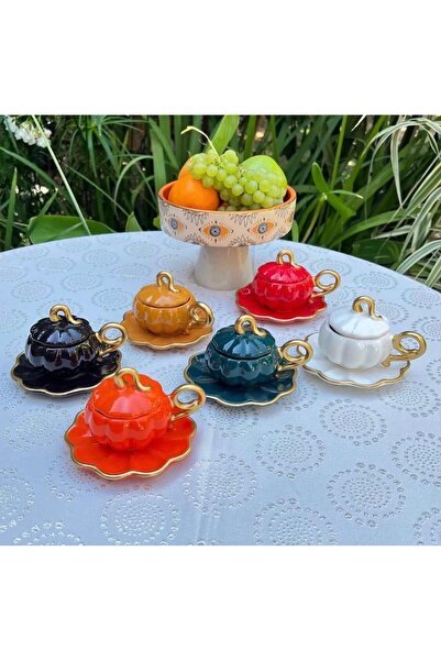 Hediye Köşkü Kabaklı Rengarenk Kahve Fincan Seti 6 Kişilik