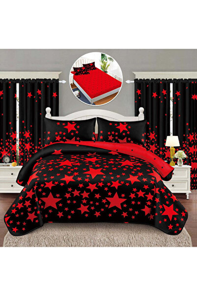 trendyhome Set de lenjerie de pat dublu, bumbac fin, 8 piese, cu cearșaf cu elastic + perdele, model stea SE-16