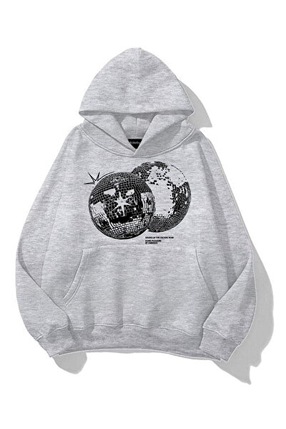 Rokeby Unisex Disco World cu imprimeu Gri cu glugă Swea cu buzunar cangur tricou