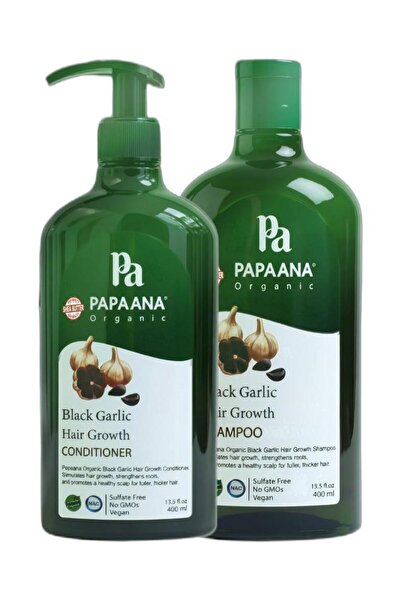 Papaana Organic مجموعة شامبو وبلسم لنمو الشعر بالثوم الأسود مع زبدة الشيا - 400 مل لكل عبوة