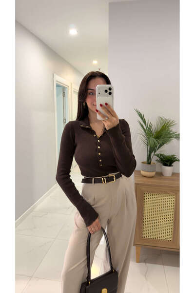 BİRCANÇİL بلوزة بوسوتي ذات تفاصيل مزخرفة باللون البني الداكن