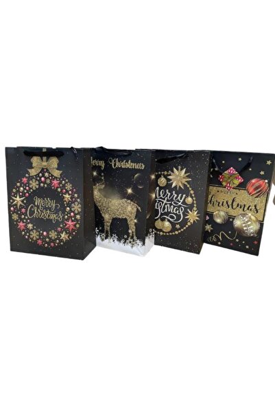 OEM Set of 12 Merry Christmas gift bags, black with gold glitter, cardboard, 32 x 26 x 10 cm