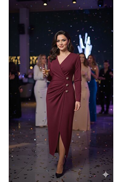 KaraAS Kadın V Yaka Drapeli Yırtmaçlı Düğme Detaylı Uzun Kollu Midi Boy Şık Abiye Davet Elbisesi