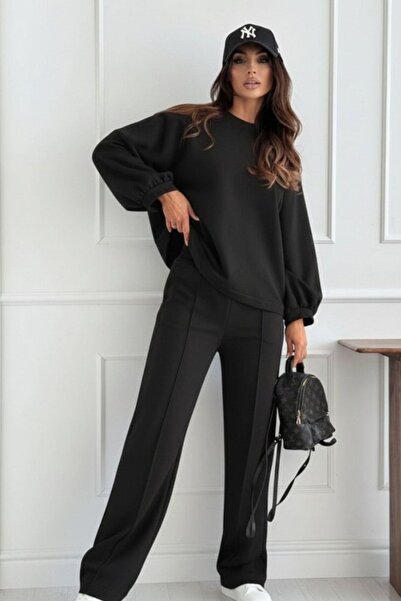 Mossta Crew Neck Modal Blouse and Flared Leg Pants Two-Piece Set - Black