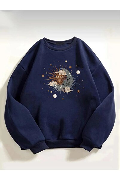 Rokeby Унісекс Світшот з принтом зіркою та півмісяцем, темно-синій, з коміром...