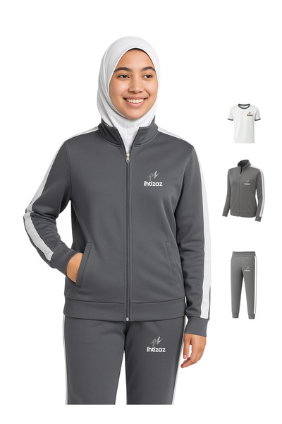 ihtizaz طقم زي رياضي من ثلاث قطع للمرحلة الثانوية للبنات - رمادي | تيشيرت + جاكيت بسحاب كامل + بنطال رياضي