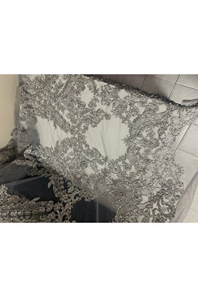 Butik gri güpür boncuklu abiye kumaş