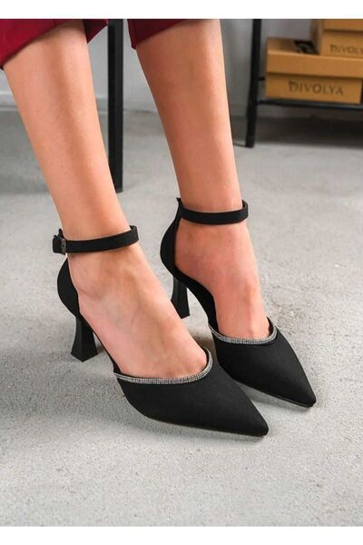 Nirvana Black Satin Front Jewelled Low Heel Stiletto