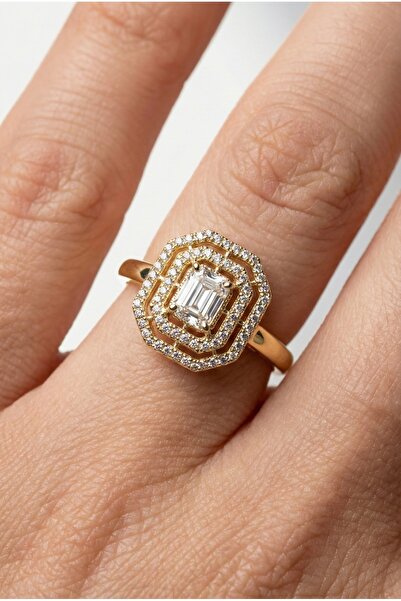 Modacaprea Xuping 14K Baget Taşlı Dikdörtgen Kadın Yüzük – Kararmaz Altın Ren...