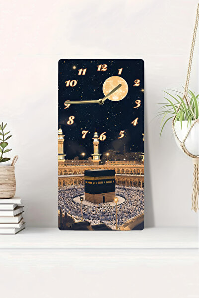 kutuTR 3D Looking 2D Uv Printing Mdf Table Clock 20X40 cm – Spiritual Wall Clock with Kaaba and Full Moon Theme-Dts006