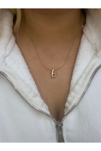 Hicrans Takı B HARFLİ GÜMÜŞ RENK TAŞLI GOLD ÇELİK KOLYE
