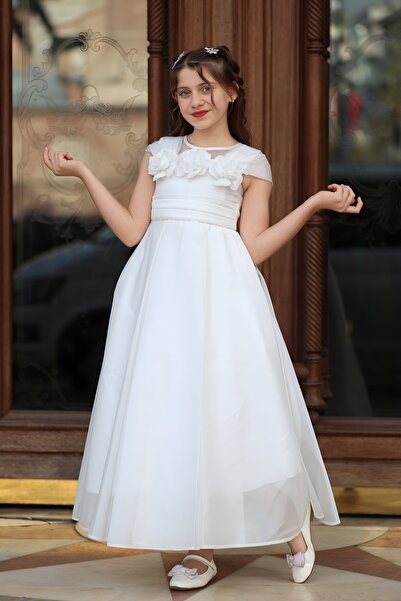 MİSS RAİN Дълга вечерна рокля за момичета с балонни ръкави, сатенени цветя и ...