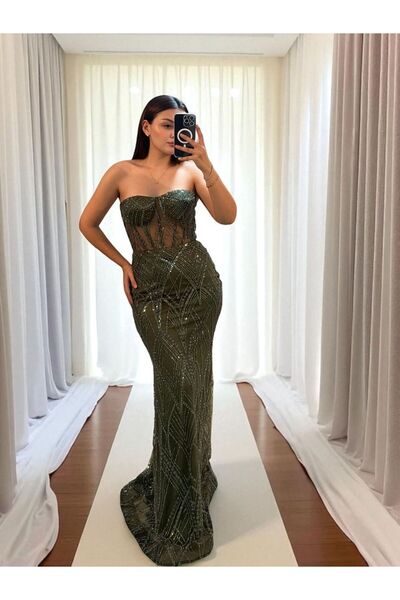 OLA Calis Straplez Transparan Korse Detaylı Yeşil Renk Balık Model Elbise
