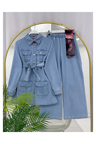 YEDİLALE سترة بأربعة جيوب مع حزام وبنطلون جينز واسع الساق طقم مكون من قطعتين [الشال غير مشمول]