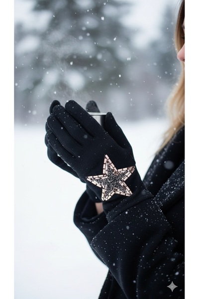 trendbysena Kadın Yıldız Taşlı Siyah Eldiven İçi Polarlı