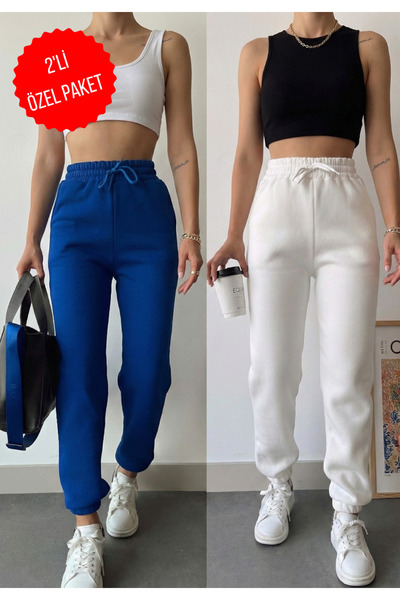 schlank ΣΥΣΚΕΥΑΣΙΑ ΜΕ 2 Γυναικείες χειμερινές φούτερ με χοντρό φλις εσωτερικά, ψηλόμεσο και ελαστικό πόδι, βασικό τζόγκερ