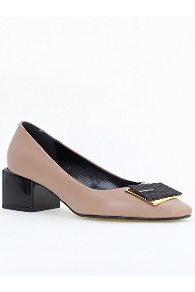 Nicoletta Pantofi damă cu toc jos taupe din piele ecologică cu pietricele