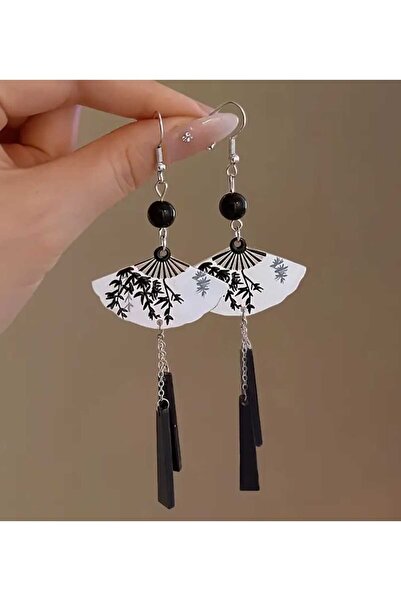 sarıyer silver Fan Model Black and White Design Cherry Blossom Leaf Pattern A...