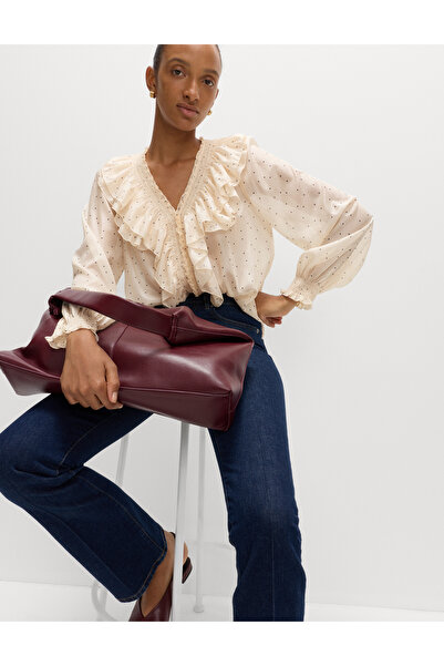 Marks & Spencer Puantiye Desenli V-Yaka Fırfırlı Bluz