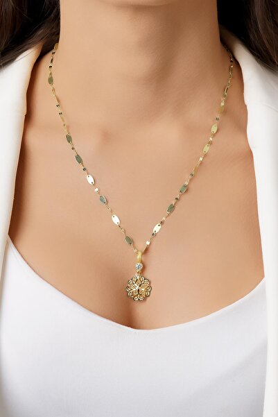 Fiyonk Kuyumculuk 14 Ayar Altın Kalın Aynalı Zincirde Gül Motifli Telkari Kolye