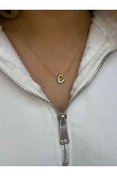 Hicrans Takı E HARFLİ GÜMÜŞ RENK TAŞLI GOLD ÇELİK KOLYE