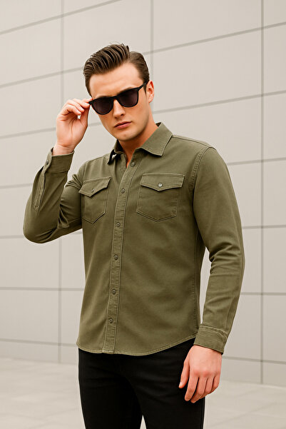 Pobudo Khaki Color Men's Denim Shirt with Snap Buttons