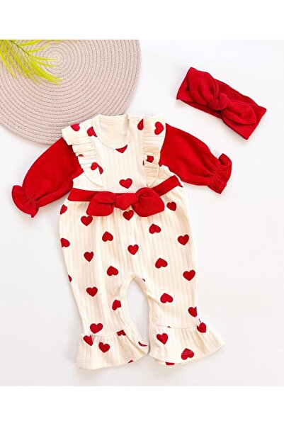 minicayzen Büyük Kalp Baskılı Bandanalı Kız Bebek Tulum