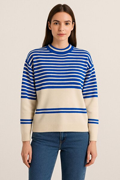 Gönülden Tasarım Pulover de damă cu dungi albastre și albe supradimensionat