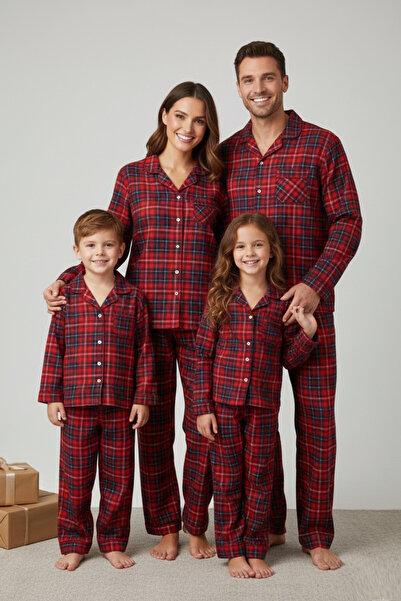 Free Beka Ekose Desenli Kırmızı Uzun Kollu Önden Düğmeli Gömlek Yaka Aile Pijama Takımı Kombini
