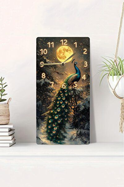 kutuTR 3D Looking Peacock and Full Moon Themed 2D Uv Printing Mdf Table Clock 20X40 Cm-Dts024