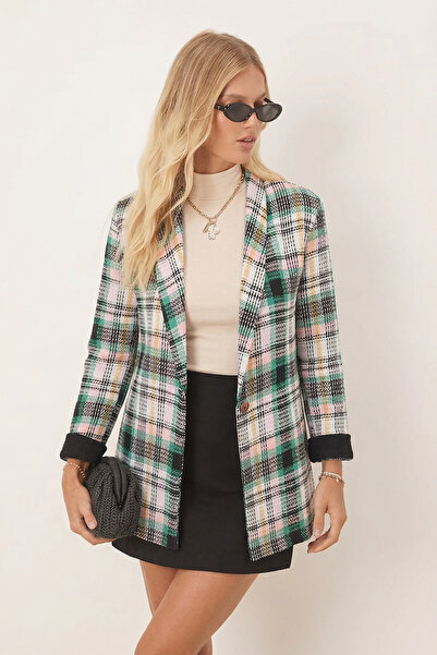 armonika Women's Powder Shawl Collar Sleeves Paneled Single Button Jacket Arm-26K001087